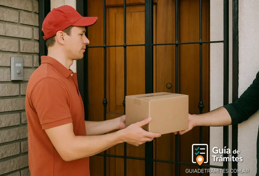 Factura Puerta a Puerta 2025: importaciones personales y tope 1 Entrega de paquete en una casa representando el sistema puerta a puerta